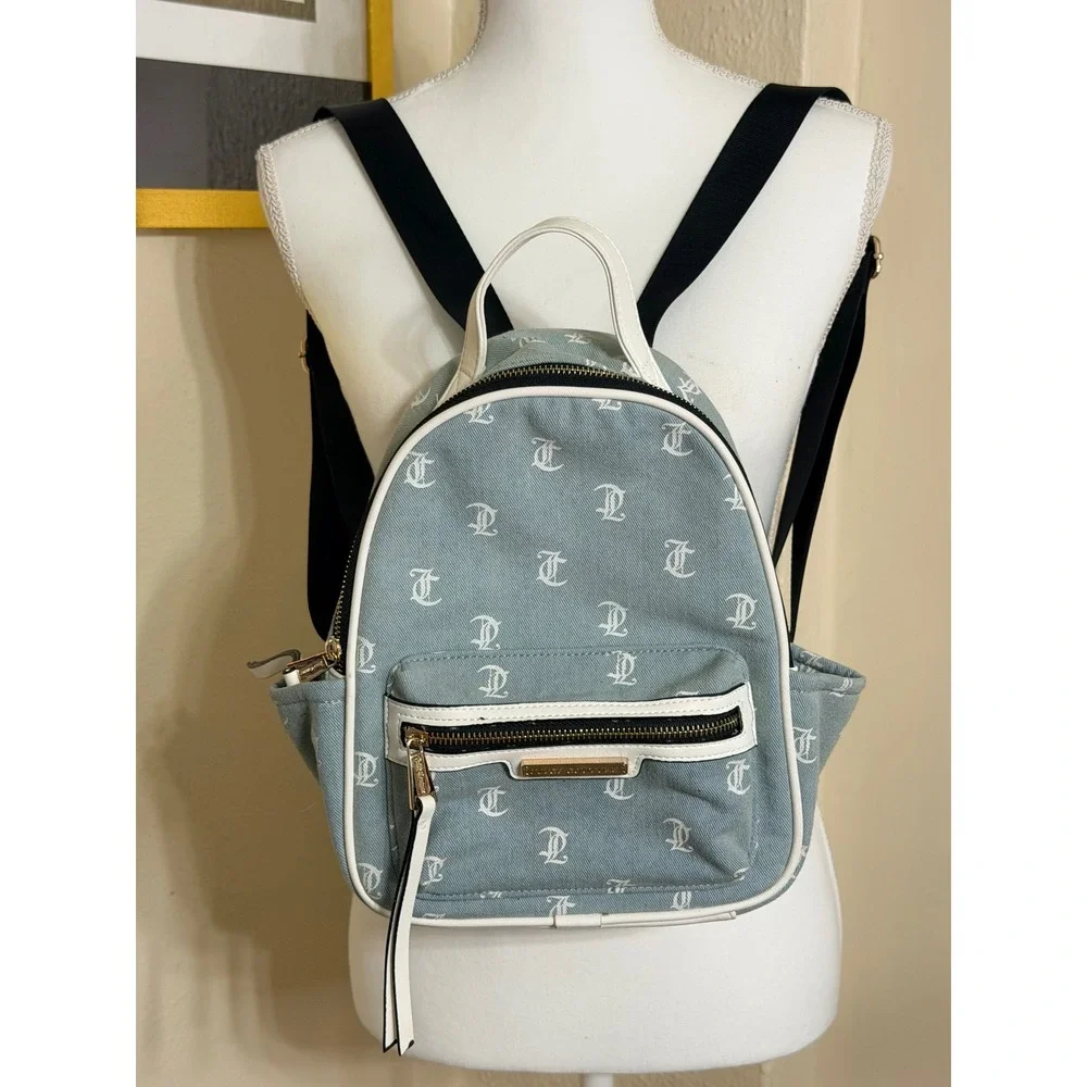 Juicy Couture Denim Mini Backpack Blue Monogram Y2K Style Gold Hardware Bag